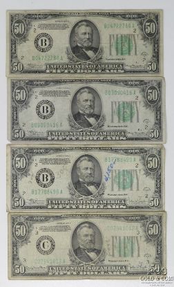 Picture of Series 1934 ACD $50 Federal Reserve Notes x4 'Mule' - 3x New York, Philadelphia 