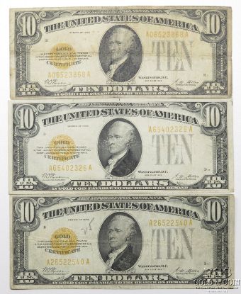 Picture of Series 1928 $10 Gold Certificates x3