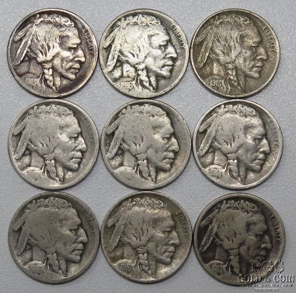 Picture of Assorted 1913-1917 Buffalo Nickels 5c (9pcs) Better Date/Condition 