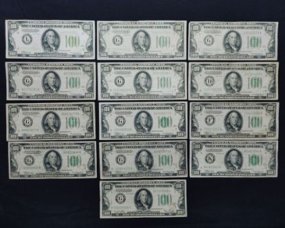 Picture of Series 1934 x9, 1934A x2m, 1934B x1, 1934D x1 $100 Federal Reserve Notes $1300FV  