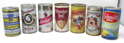 Picture of (7) Vintage Steel Pull Tab Beer Cans -Leinenkugels, Karlsberg, Pfeiffer, Mil. Best, etc  