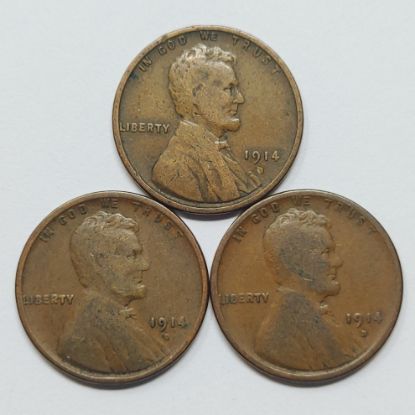 Picture of 3x 1914-D Key Date Lincoln Wheat Cents 1c Penny 