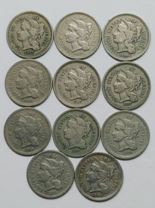 Picture of 11x 1865-1874 3 Cent Nickels 3CN 