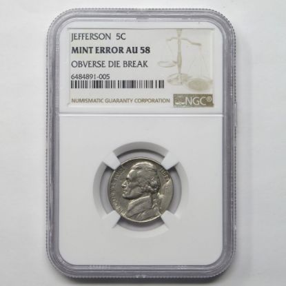 Picture of Jefferson Nickel 5c Obverse Die Break AU58 NGC US Mint Error  