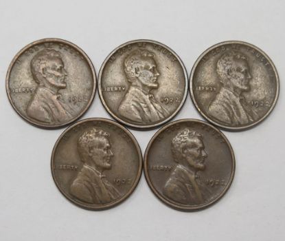 Picture of 5x 1922-D Better Date Lincoln Wheat Cents 1c Penny 