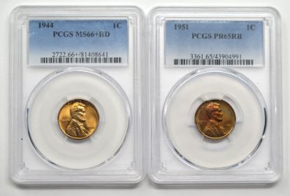 Picture of 1944 MS66+RD, 1951 PR65RB PCGS Lincoln Wheat Cents  