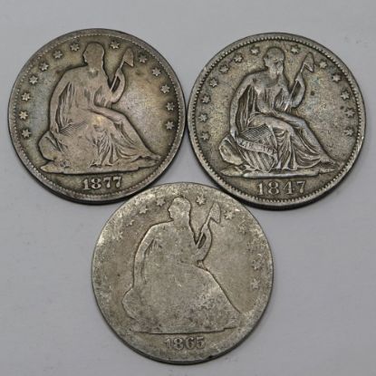 Picture of 1847-O, 1965-S, 1877-S Seated Liberty Half Dollars 50c 