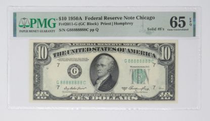 Picture of RARE $10 1950A SOLID 8's Serial Federal Reserve Note Fr#2011-G Gem Unc 65 EPQ  