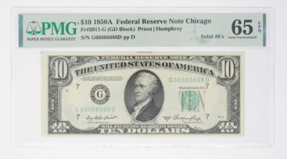 Picture of RARE $10 1950A SOLID 6's Serial Federal Reserve Note Fr#2011-G Gem Unc 65 EPQ 