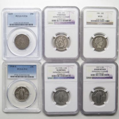 Picture of 6x 1856-1927 PCGS/NGC Graded Quarter Type Coin Lot 25c  