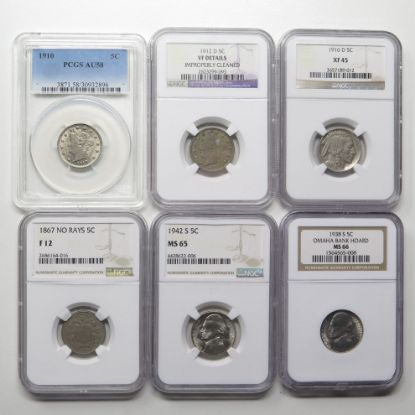 Picture of 6x 1867-1942 PCGS/NGC Graded Nickel Type Coin Lot 5c  