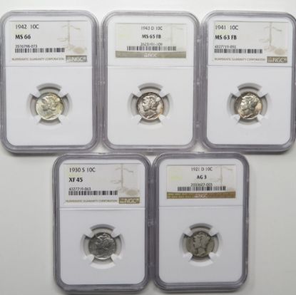 Picture of 5x 1921-1943 NGC Graded Mercury Dimes 10c  