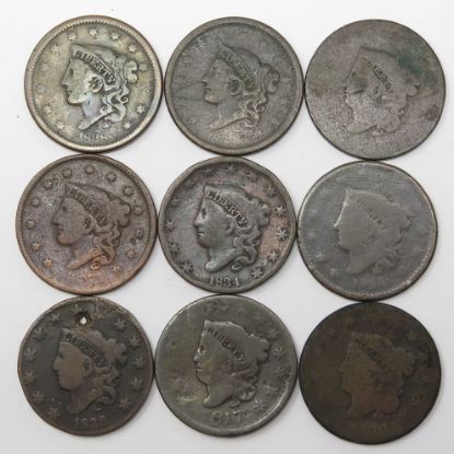 Picture of 9x 1817-1838 Coronet Large Cents 1c 