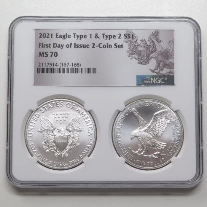 Picture of 2021 American Silver Eagle Type 1 & Type 2 FDOI 2-Coin Set MS70 NGC 