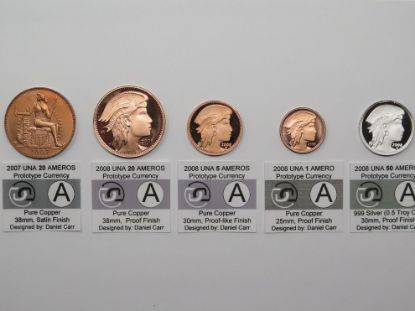 Picture of Daniel Carr 2007 & 2008 Fantasy Coins - Copper 1, 5, 2x 20 Ameros, Silver 50 Amero x1 