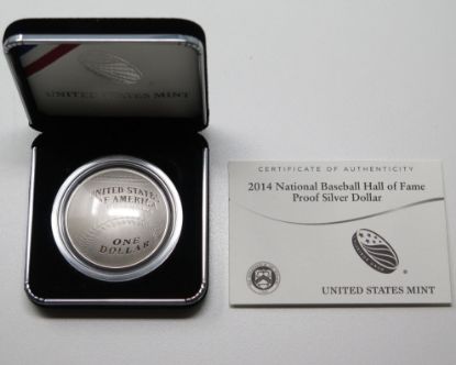 Picture of 2014P $1 Silver Proof Baseball Hall of Fame Commemorative Dollar Box/COA 