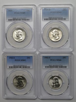 Picture of 1939, 1939-D, 1941-S, 1952-S High Grade Washington Quarter Lot PCGS MS65, MS66 