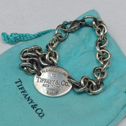 Picture of Tiffany & Co. Sterling .925 "Please Return to" Oval Charm 8" Chain link Bracelet 27.4g  