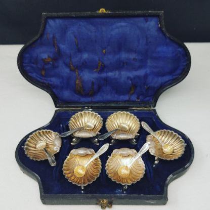 Picture of Set of 6 Vintage Silver Plated Seashell Salt Cellars w/ Spoons and Original Box  