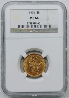 Picture of 1892 $5 Type 3 Liberty Head Gold MS64 NGC 