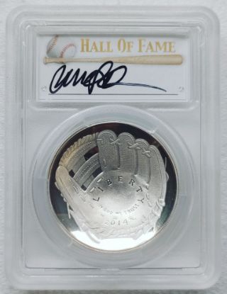 Picture of 2014-P Proof Baseball HOF $1 Silver Commem PF70DCAM PCGS Sandberg Signed 