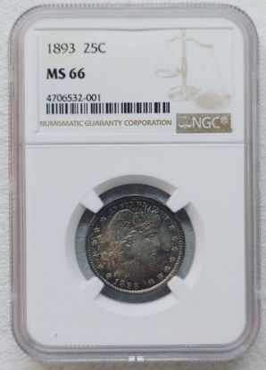 Picture of Obv Toned 1893 Barber Quarter Dollar 25c MS66 NGC