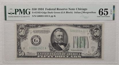 Picture of 1934 $50 Federal Reserve Note Chicago Gem Unc 65 EPQ PMG Fr. 2102-Gdgs  