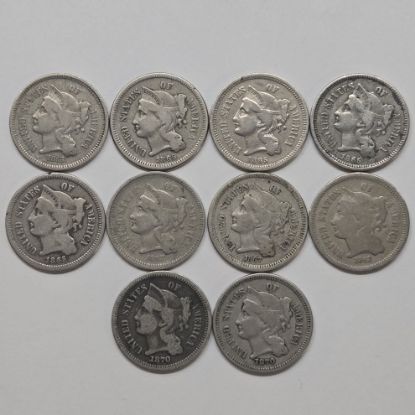 Picture of 10x 1865-1870 Three Cent Nickels 3CN 