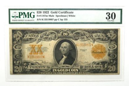 Picture of $20 1922 Gold Certificate Fr. 1187m Mule Speelman/White PMG 30 