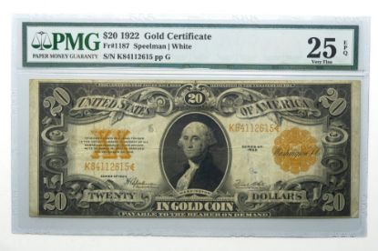 Picture of $20 1922 Gold Certificate Fr. 1187 Speelman/White PMG 25 EPQ 