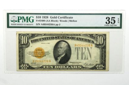 Picture of $10 1928 Gold Certificate Fr. 2400 (AA Block) Woods/Mellon PMG 35 EPQ 