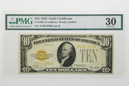 Picture of $10 1928 Gold Certificate Fr. 2400 (AA Block) Woods/Mellon PMG 35 