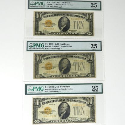 Picture of 3x $10 1928 Gold Certificates Fr. 2400 (AA Block) Woods/Mellon PMG 25 