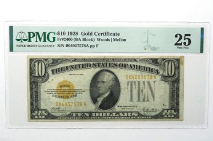 Picture of $10 1928 Gold Certificate Fr. 2400 (BA Block) Woods/Mellon PMG 25 