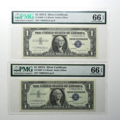 Picture of 2x Consecutive Serial $1 1957-A Silver Certificates Fr. 1620* (*A Block) PMG 66 EPQ 