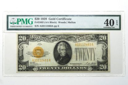 Picture of $20 1928 Gold Certificate Fr. 2402 (AA Block) Woods/Mellon PMG 40 EPQ 