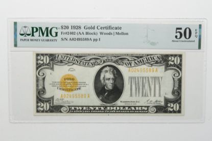 Picture of $20 1928 Gold Certificate Fr. 2402 (AA Block) Woods/Mellon PMG 50 EPQ 