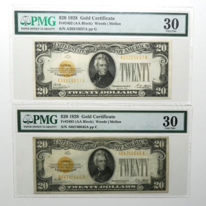 Picture of 2x $20 1928 Gold Certificates Fr. 2402 (AA Block) Woods/Mellon PMG 30