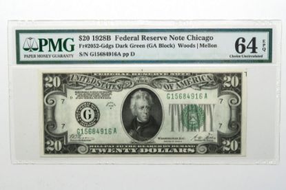 Picture of $20 1928B Federal Reserve Note Chicago Fr. 2052-Gdgs Woods/Mellon PMG 64 EPQ 