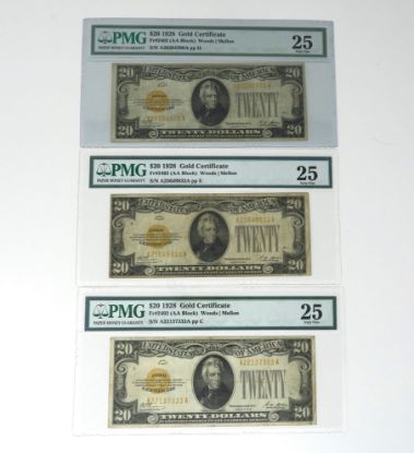 Picture of 3x $20 1928 Gold Certificates Fr. 2402 (AA Block) Woods/Mellon PMG 25 