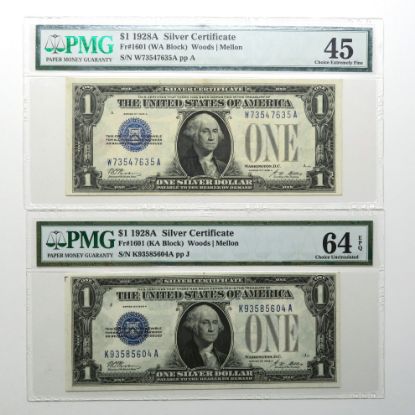 Picture of 2x 1928A Funnyback Silver Certificates Fr. 1601 PMG 64 EPQ, PMG 45 