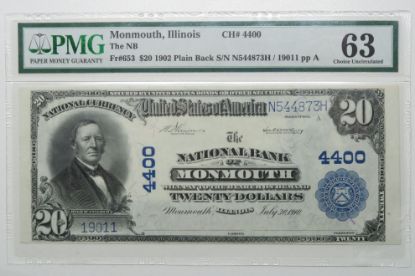 Picture of 1902 Monmouth, IL $20 National Bank Note Fr.653 Plain Back Choice UNC 63 PMG 