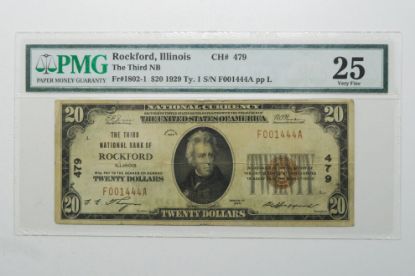 Picture of 1929 T1 $20 Rockford, IL National Bank Note Fr.1802-1 VF25 PMG 