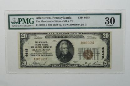 Picture of 1929 $20 Allentown, PA National Bank Note Fr.1802-1 VF30 PMG 