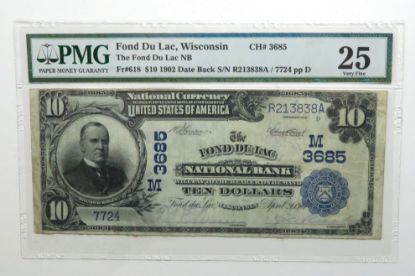 Picture of 1902 $10 Fond Du Lac, WI National Bank Note Fr.618 Date Back VF25 PMG 