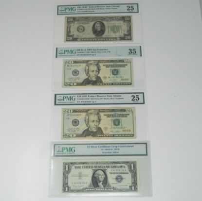 Picture of 4x Assorted PMG Graded Federal Reserve Notes 3x $20, 1x $1 