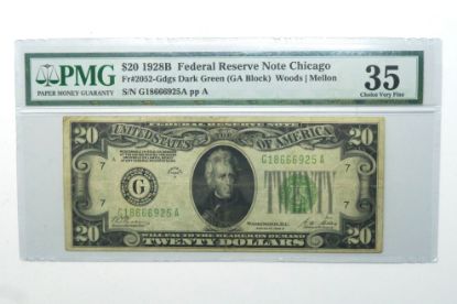 Picture of 1928B $20 Federal Reserve Note Chicago Fr.2052-Gdgs Dark Green Choice VF35 PMG 