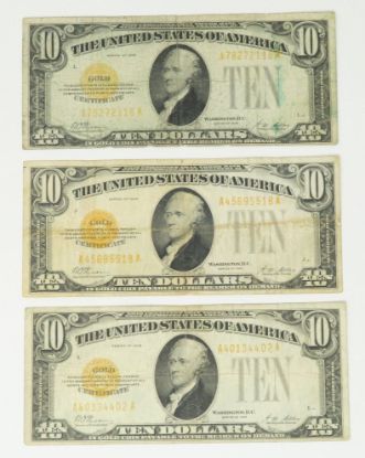 Picture of 3x 1928 $10 Gold Certificate Woods/Mellon Fr. 2400 