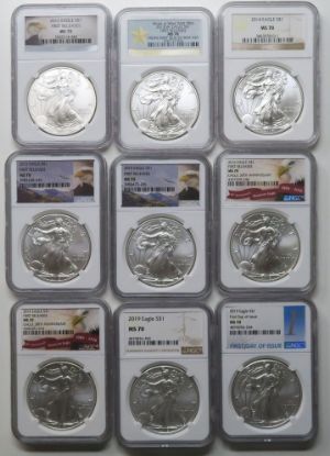 Picture of 9x 2012-2019 MS70 MGC American Silver Eagles ASE 1$