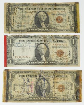 Picture of 3x 1935-A $1 "Short Snorter" WWII Hawaii Emergency Silver Certificates 